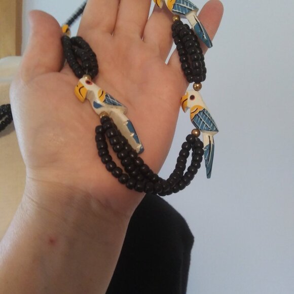 Vintage Hand Painted Wood Parrot Beaded Necklace  Fun Playful Boho Tropical - Picture 6 of 16